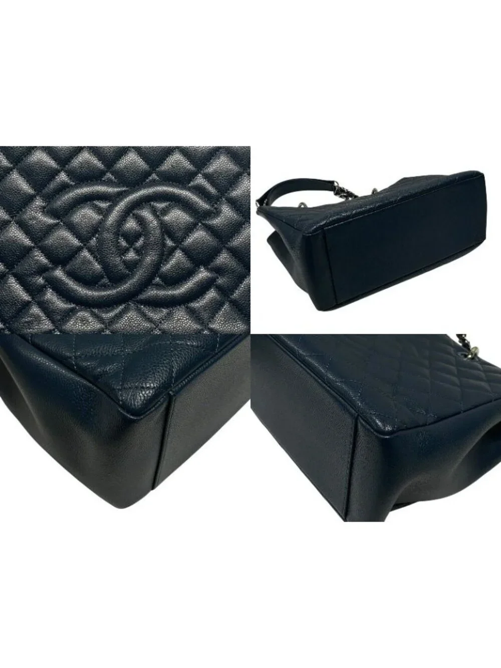 Chanel Grand Shopping Tote Bag GST Chain Caviar Leather CC Logo Navy Silver